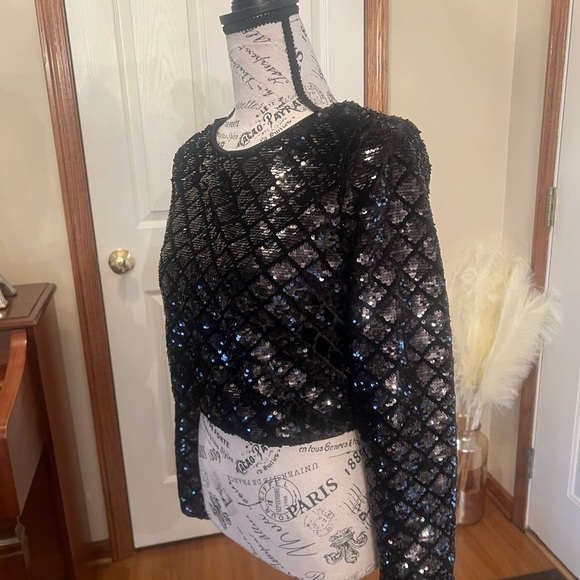Express Sequin Crop Top Size M Long Sleeve Back Zip Diamond Pattern Top - Picture 3 of 7